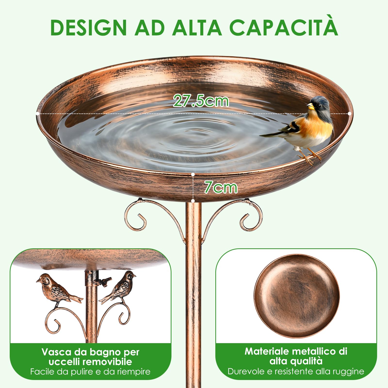 Vasca per Uccelli per Giardino, Mangiatoia per Uccellini da Esterno, Asca per Uccelli e Supporti, In Metallo, per Esterni, Patio, Prato, Cortile, Giardino