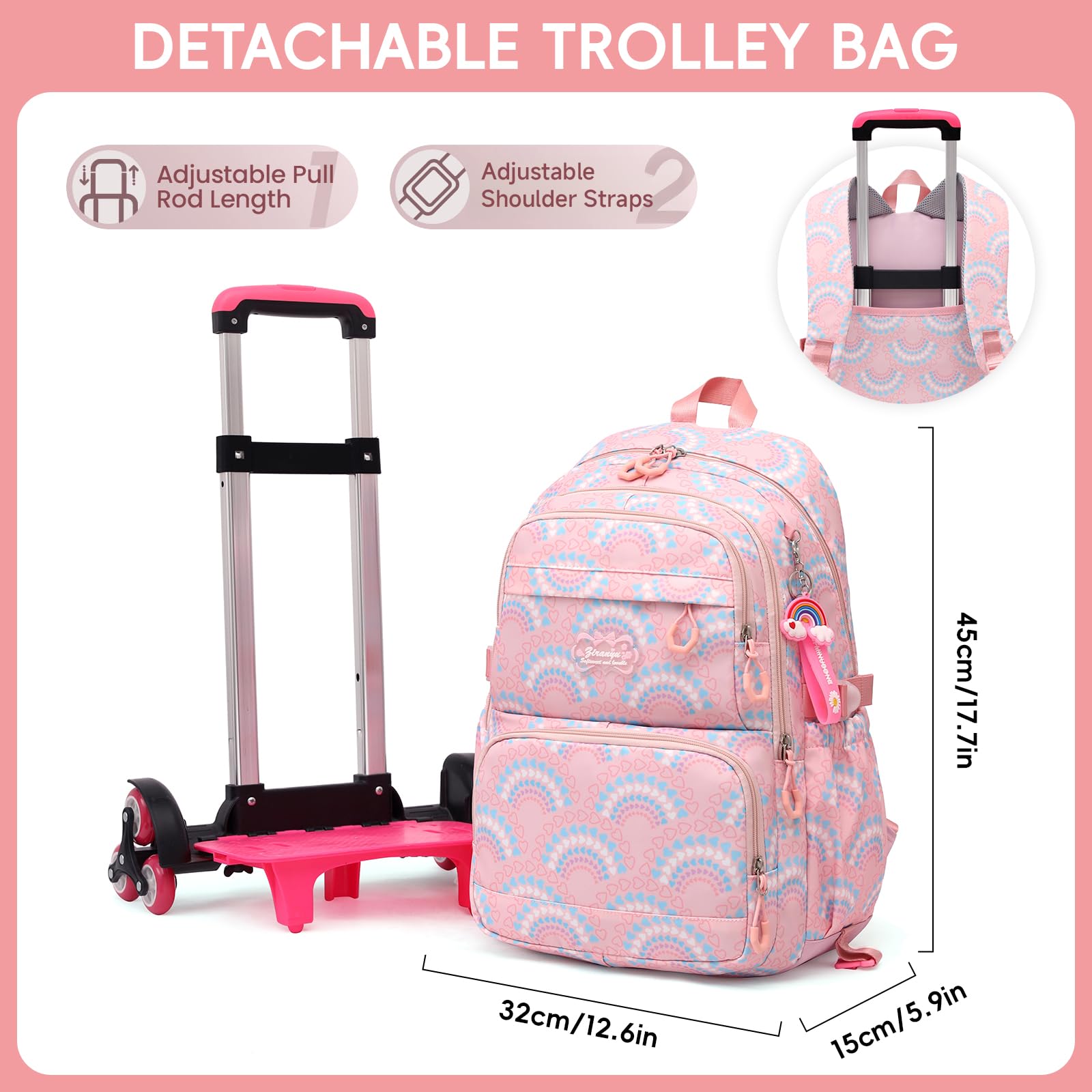 Amythe Zaino Bambina Scuola Elementare con Trolley, 6 Ruote Rosa | 15.6" Zaini Trolley 2 in 1 per Ragazze 9 anni +, Zaino Casual con Ruote per Adolescenti per Ritorno a Scuola / Viaggi