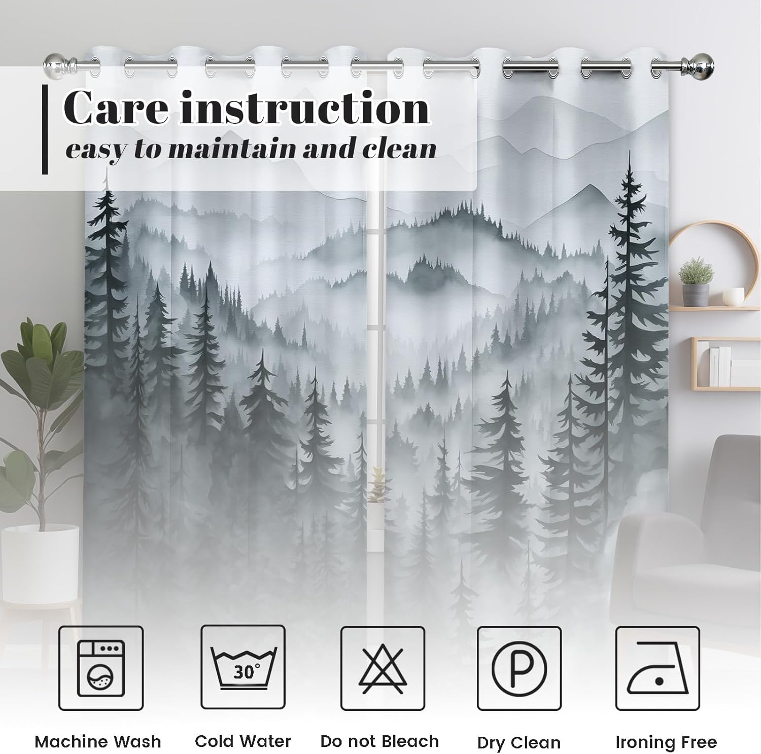 Grey Forest Blackout Curtains, Cool Black and White Gray Window Drapes for Mens Bedroom Living Room, 96 inch Length 2 Panels Set，52x96in