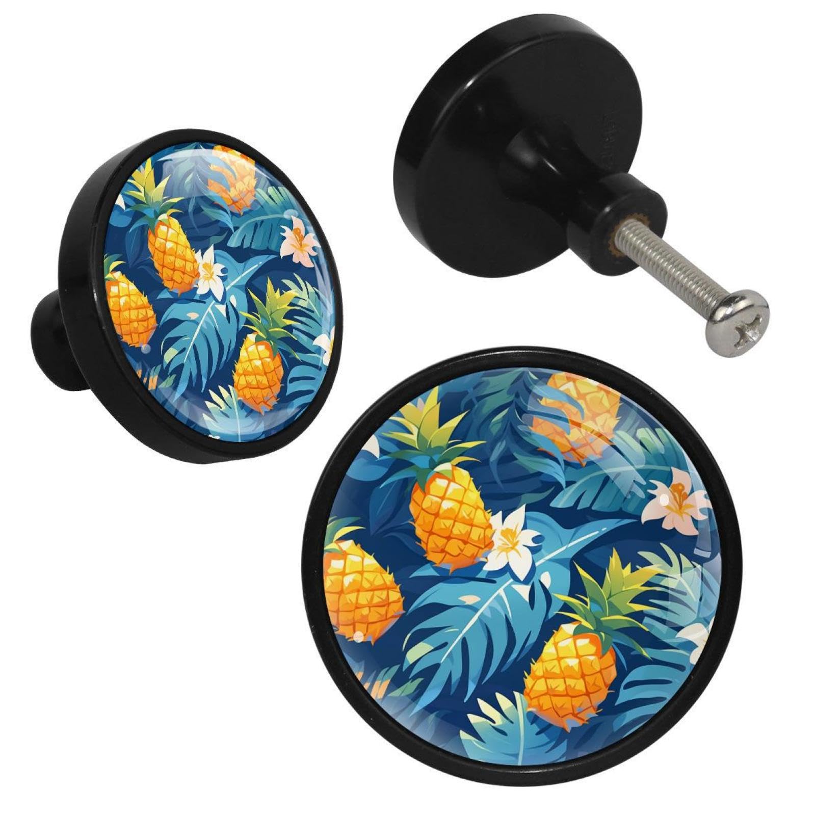 NUEAHEDN 4 Pieces Dresser Knobs for Drawer Tropical Pineapple Kitchen Cabinet Knobs Round Door Pull Handle for Home Nursery Furniture Cupboard