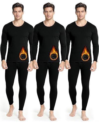 Jecery 3 Set Thermal Underwear for Men Extra Thick Fleece Lined Long Underwear Winter Base Layer Top Bottom Cold Weather - Black - Large