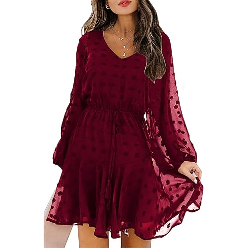KIRUNDO Women's Long Sleeves V Neck Flowy Swiss Dot High Waist Chiffon Casual Mini Dress with Belt