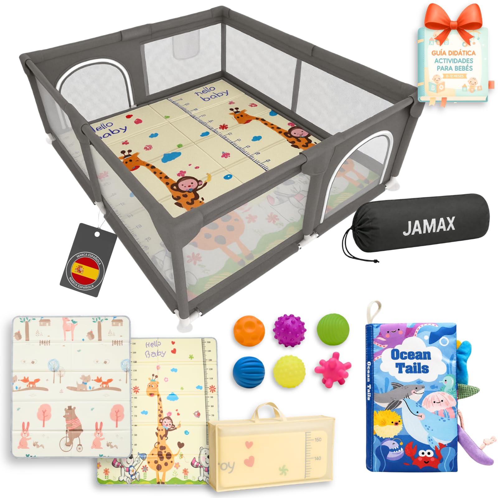 JAMAX Parque Infantil Bebe 120x120 | Corralito bebe | Parque bebe Alfombra Acolchada Reversible 1,5 cm de Grosor + 6 Pelotas Sensoriales +Libro Sensorial+ Bolsa transporte (150x180)
