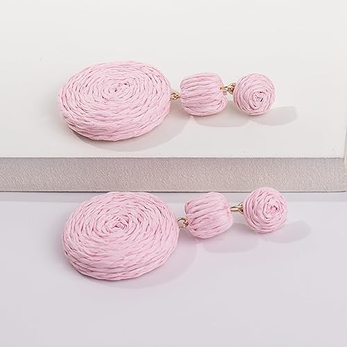 Miniatura 9 de Statement Raffia - Aretes redondos de bola colgantes de rafia, bonitos aretes bohemios hechos a mano para el verano para mujer