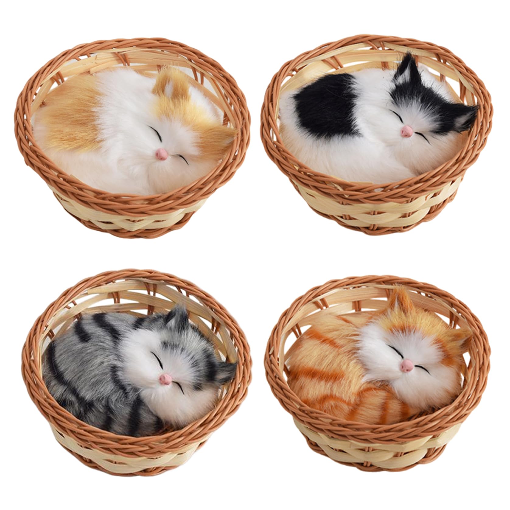 Pesoncarl Fake Cat, 4Pcs Mini Cat Toys for Kids, Sleeping in Basket Nap Toy with Meows Sounds for Office Desk Hand Toy Gift for Kids Boys Girls, Toys