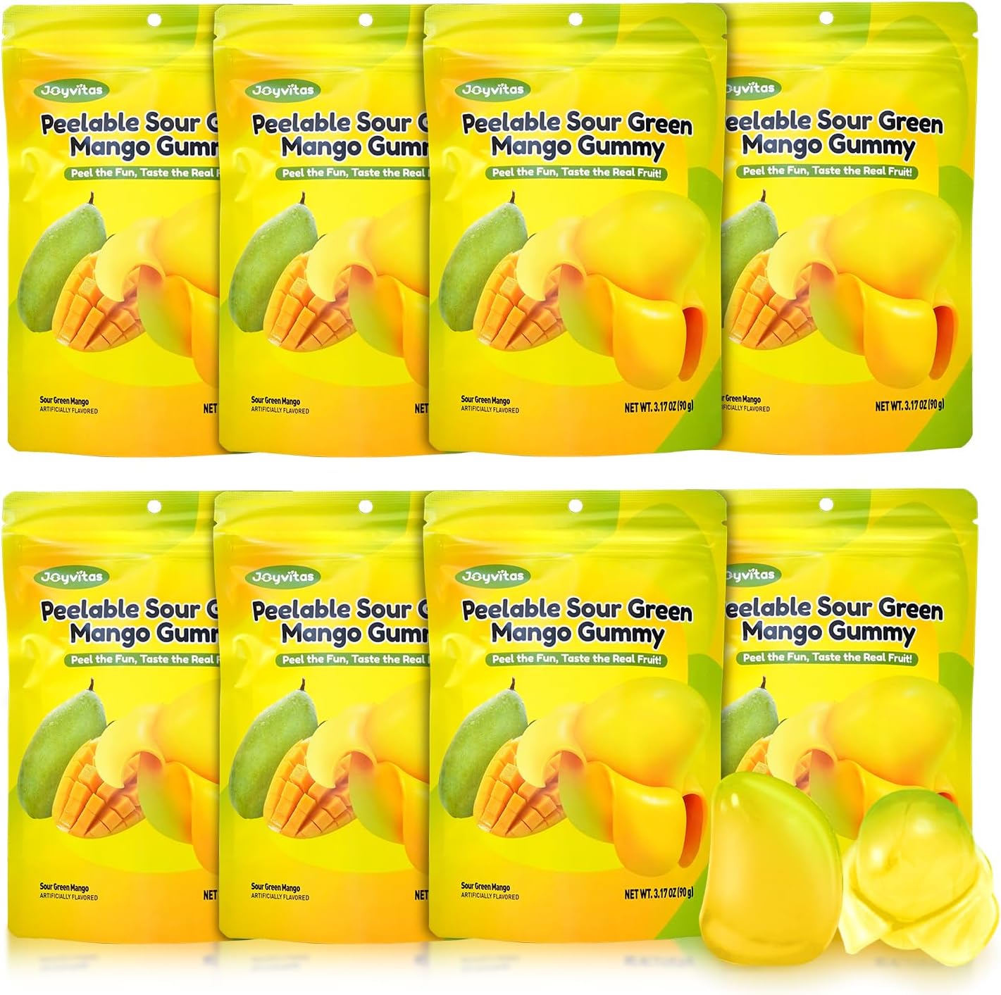 Peelable Gummy Sour Mango Candy – Individually Wrapped Tropical Peeling Gummies Variety Pack, Low Sugar & Low Calorie, Perfect New Year Treats & Celebration Bites, Resealable Snacks (Pack of 8, 25.4oz, Green Mango)