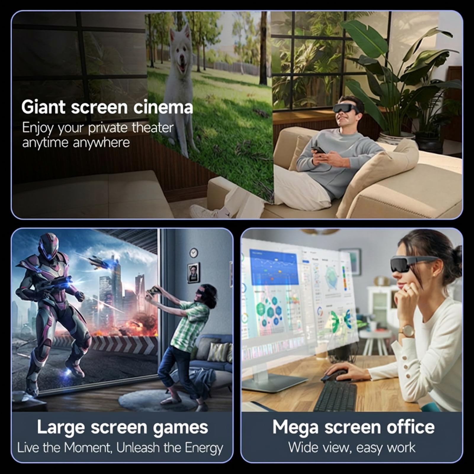 Denash Gafas AR, Pantalla OLED 1080P, 3000 Nits, Pantalla Virtual de 400", Ajuste de Miopía de 0-600°, Gafas XR Inmersivas Todo en Altavoces Incorporados para Todos los Dispositivos USB-C DP