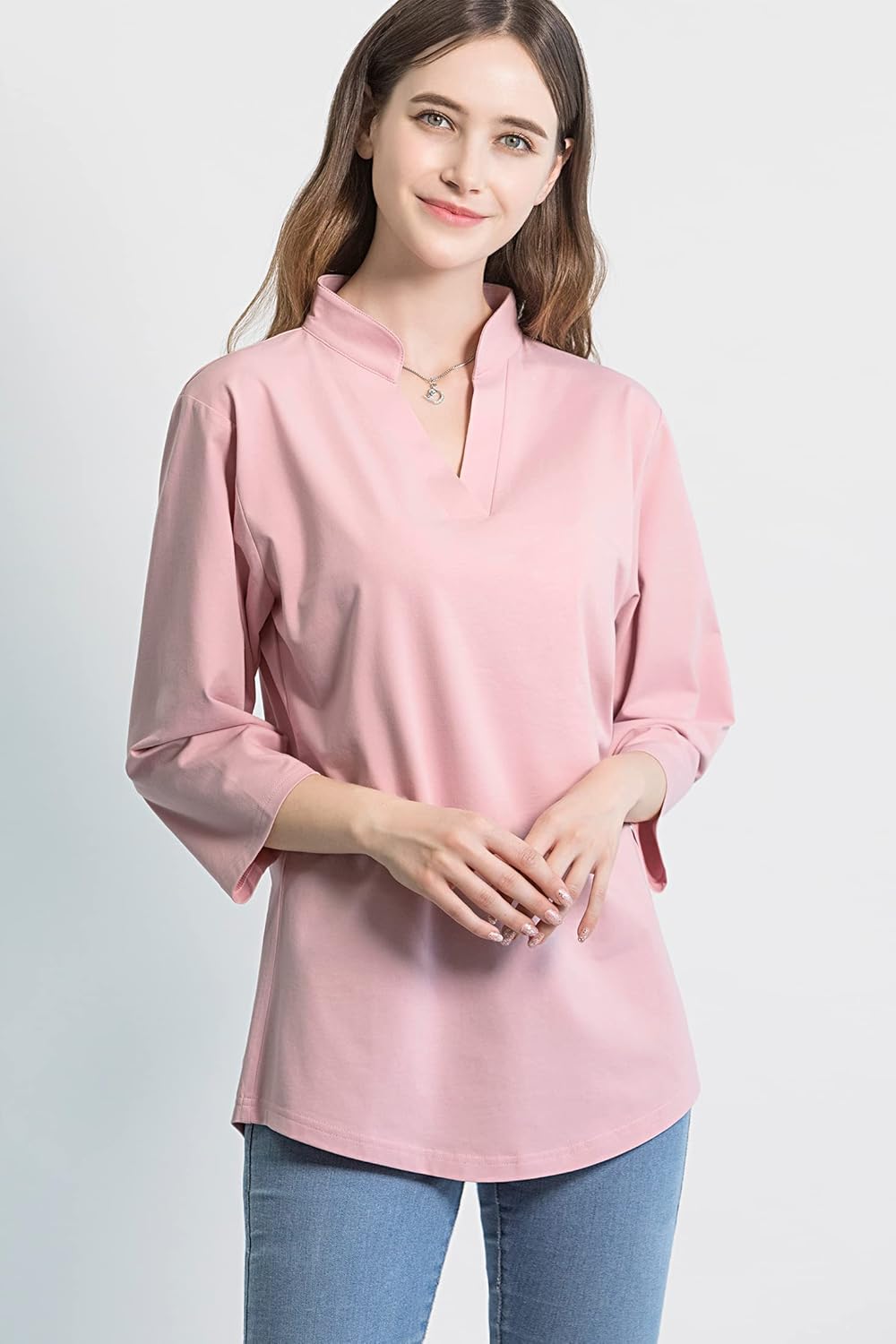 Tie G U Style Women's 3/4 Sleeve V Neck Stretch Loose Tunic Tops Casual Cotton Blouse Henley Collared Breathable Work Shirt - Image 2
