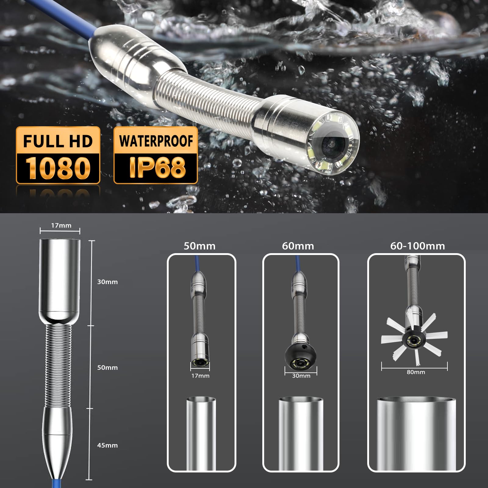 KAOLALI Cámara de Inspección de Tuberías 30M, Pantalla 4,3'', con DVR | Cámara de Tubo 1000TVL Plomería Snake Cámara con 6 LED, Batería de 5000 mAh, Tarjeta de 32 GB, IP68 Impermeable