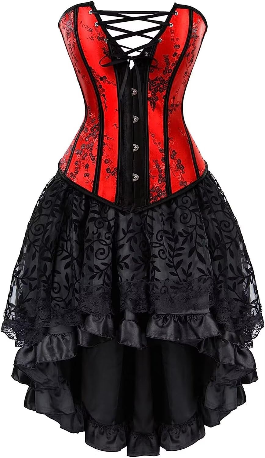 Josamogre Women's Red Corset Dress Overbust Bustiers Skirt Set Corselet Victorian Burlesque Plus Size Costume Sexy 3XL