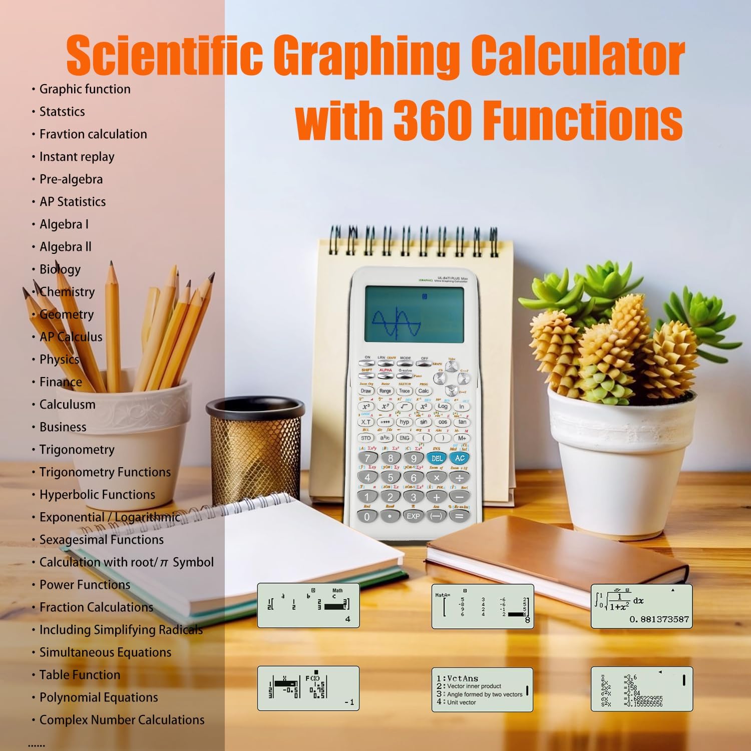 Calculadora Gráfica Científica con 360 Funciones - para Gráficos, Estadística, Álgebra y Cálculo, Pantalla 10+2 Dígitos, Ideal para Estudiantes y Oficina (Color Blanco)