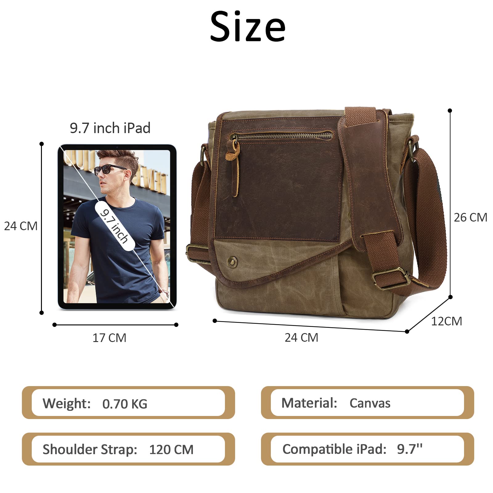 VARLIVOO Rétro Homme Sacs Bandoulière Sac d'épaule Sac Messager Commuer Voyager École Randonnée Camping Travail L'école Multifonctionnel Plusieurs Poches Imperméable Toile Kaki