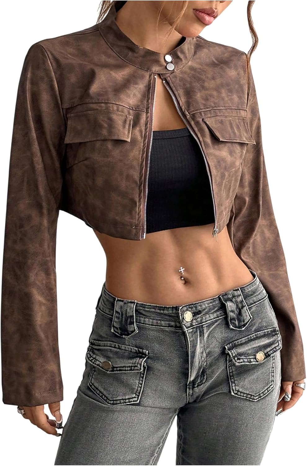 SHENHE Women's Faux Leather Cropped Jacket Vintage Zip Up Stand Collar Y2k Moto Biker Jacket