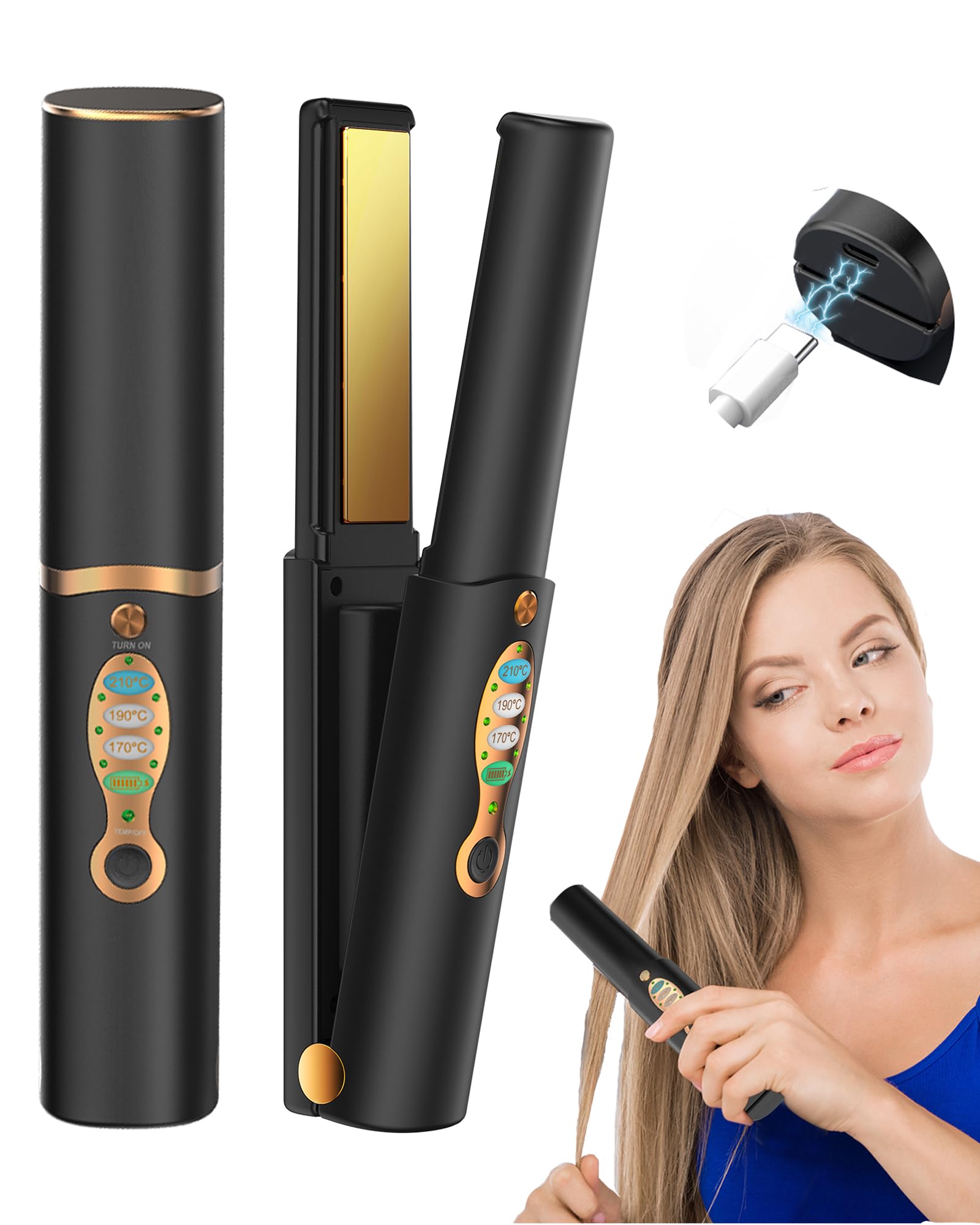 ISIX Cordless Hair Straightener and Curler 2 in 1, Pure Titanium Portable Mini Flat Iron, Dual Voltage,Heats Up in Seconds,3 Adjustable Temp for Thin Straight Fine Hair,Travel Size Preferred Gifts