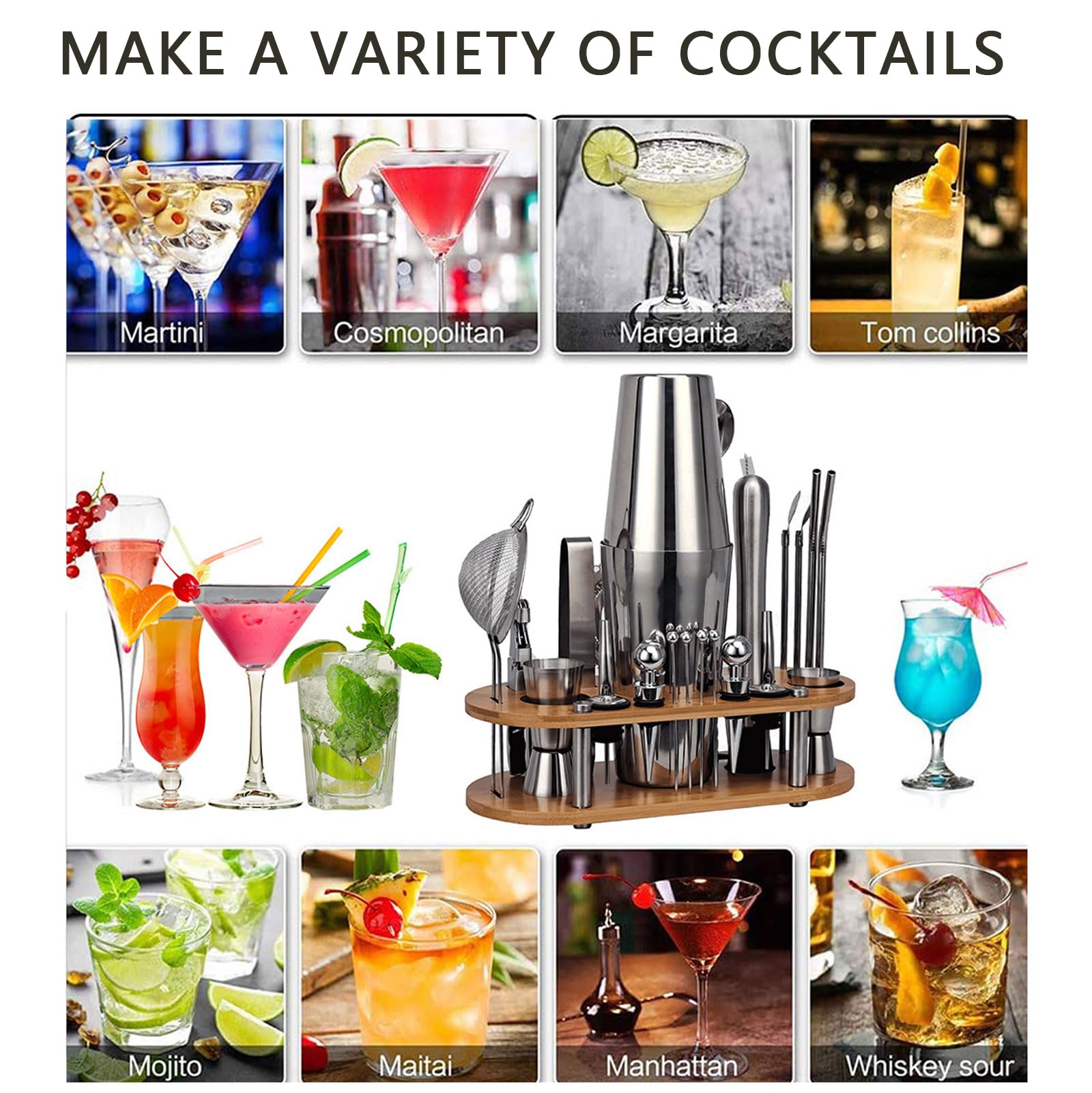 Coctelera para Cócteles Kit 23 piezas Coctelera de Acero Inoxidable Con Soporte Profesional Barman Herramientas con Mortero de Cóctel accesorios de bar para Mezclar Bebidas,Barra,hogar,Fiestas