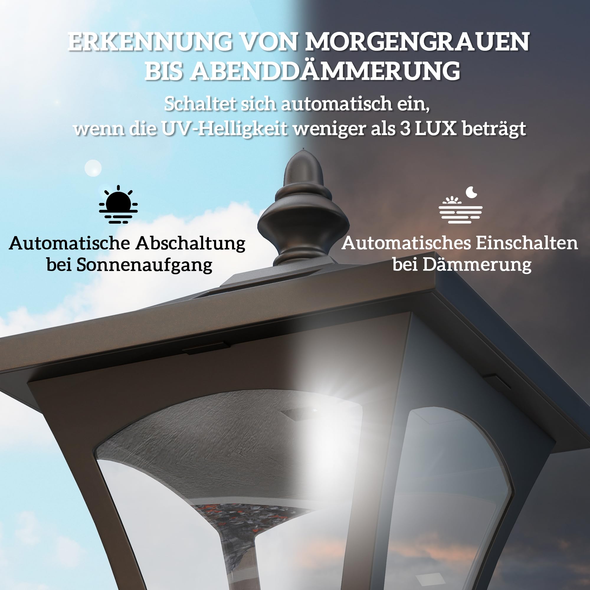 Outsunny LED Solar Gartenlaterne, Gartenlampe aus Kunststoff 120 cm hoch Stehleuchte IP44, Gartenlampe mit 30 Lumen Lichtsensor Solarlampe mit Erdspieß, Windlicht für Garten Balkon Schwarz