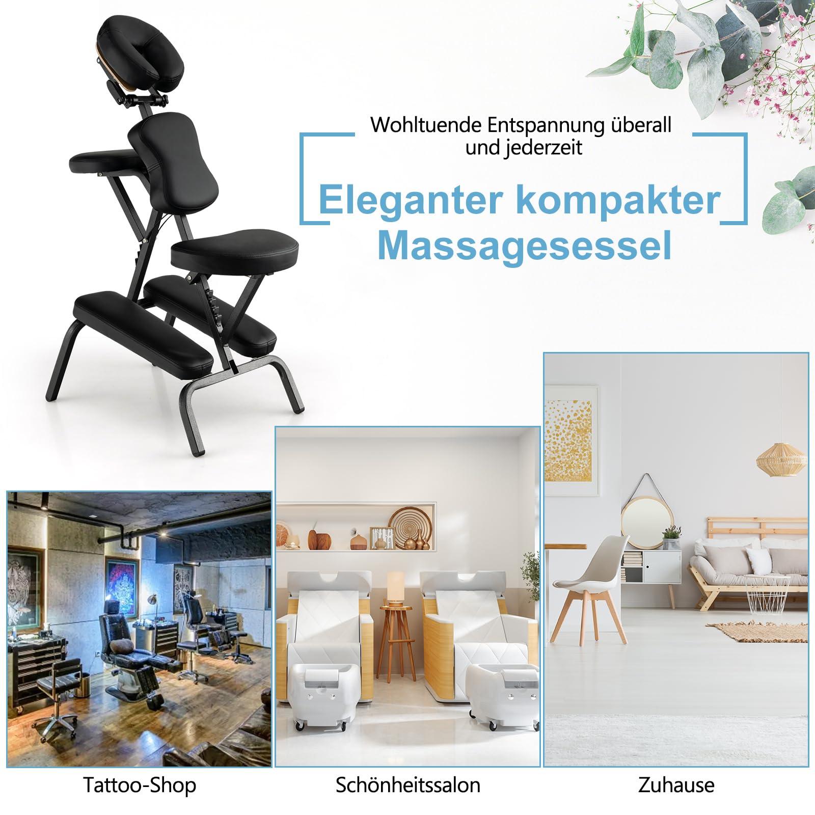 RELAX4LIFE Massagestuhl Klappbar Höhenverstellbar Therapiestuhl mit Verstellbarer Bruststütze Armablage Kopfstütze Sitz bis 160 kg Schwarz