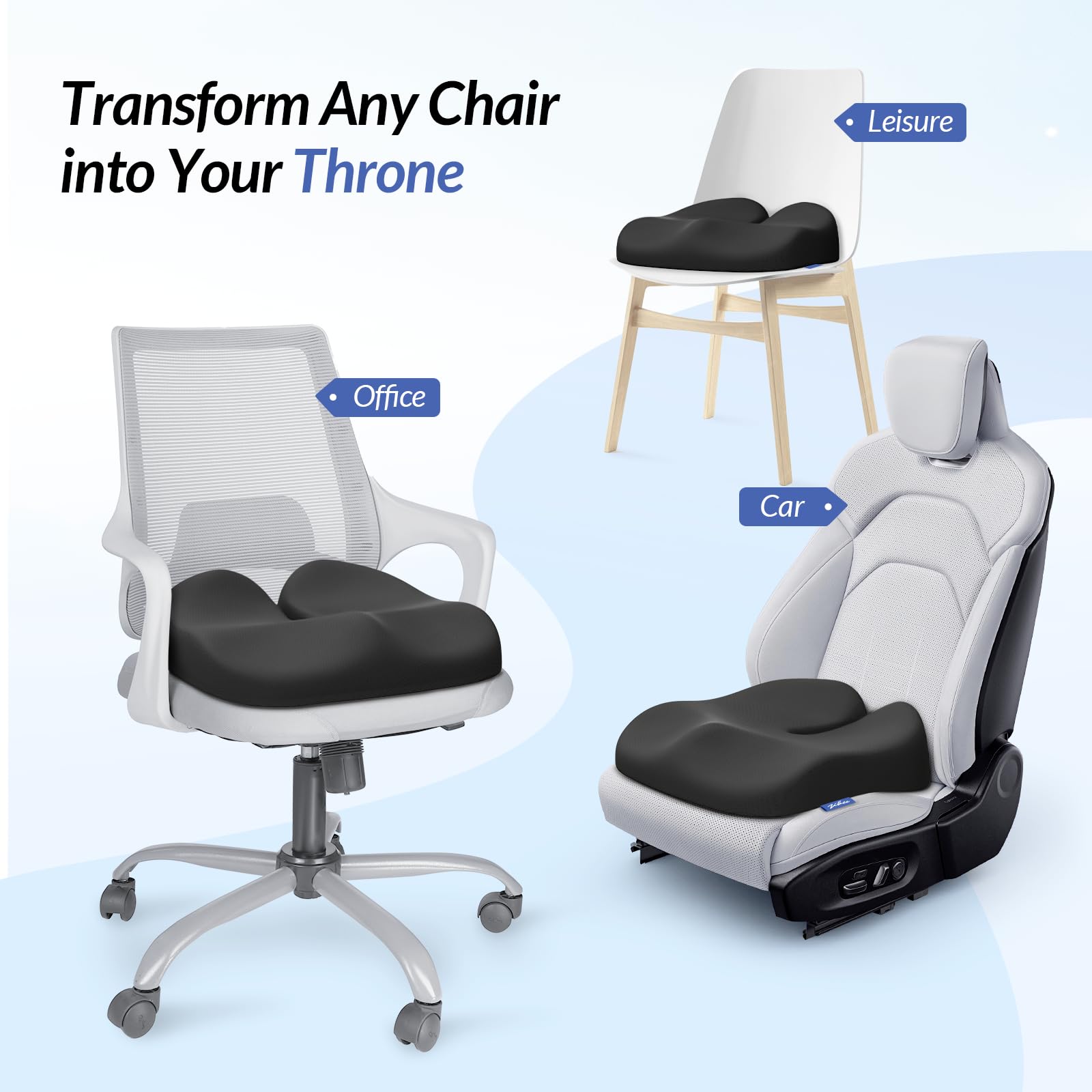 ZIKEE Cojín de asiento ergonómico con pendiente de alivio de muslo, cojines de espuma viscoelástica de alta densidad para silla de oficina con respaldo en forma de U para coxis, alivio del dolor de