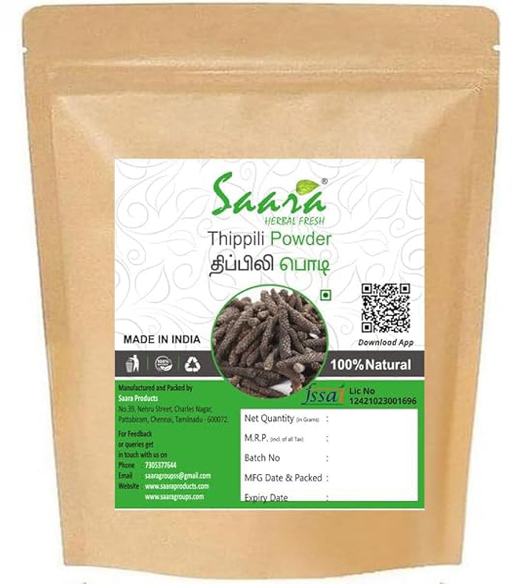 Saara HERBAL FRESH Thippili Powder,70g, Long Pepper Powder, Pipal Badi, Pippali, Piper Longum, Gantoda, Modikaddi Powder (pack of 1 X 70g) (B0CDLHDP5B) Amazon Price History, Amazon Price Tracker