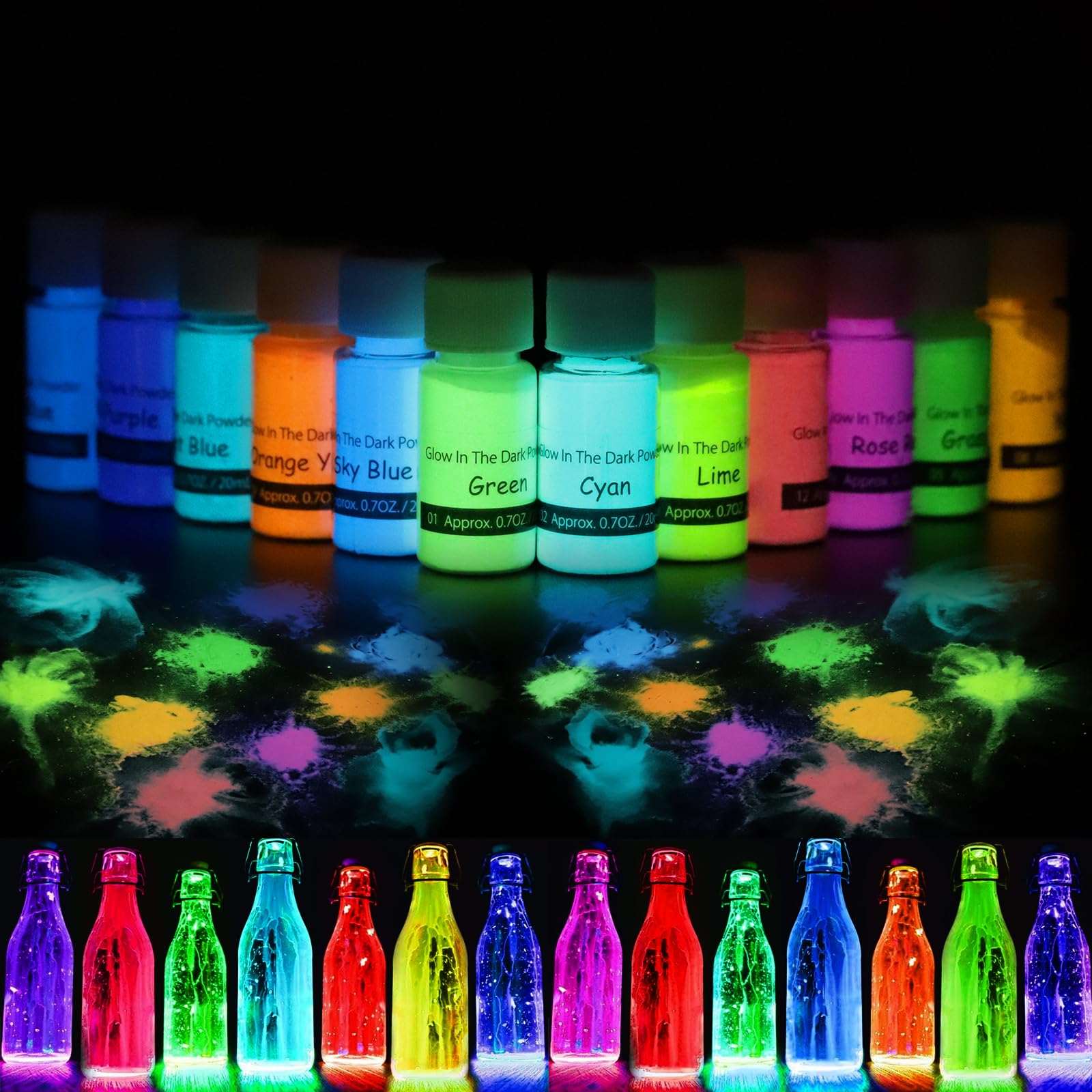 DEWEL Epoxidharz Leuchtpulver Mica Pulver mit UV-Lampe - 12 Farben, Nachtleuchtende Pigmente Leuchtpulver für Slime, Nail Art, Malen, Acrylfarbe und DIY Basteln – jeweils 20g
