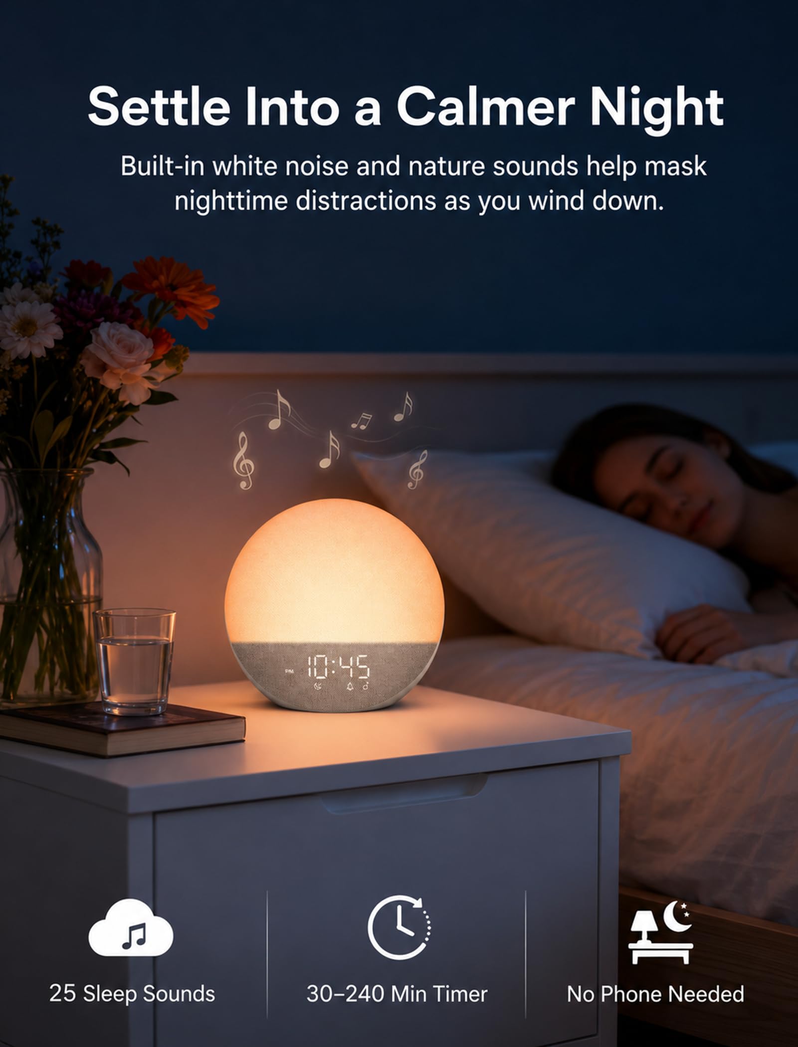 Odokee Reloj despertador Sunrise con máquina de sonido: luz de despertador suave y 7 sonidos de alarma para dormitorio, 3 modos de despertar y 32 niveles de volumen para masilla matutina sin estrés