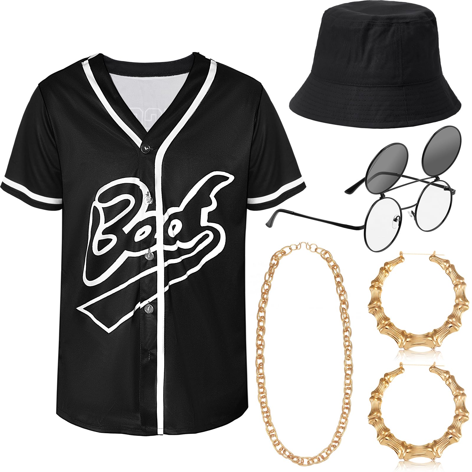 Jiuguva 80s 90s Outfit for Women Hip Hop Costume Baseball Jersey Shirt Bucket Hat Glasses Hip Hop Party Accessories