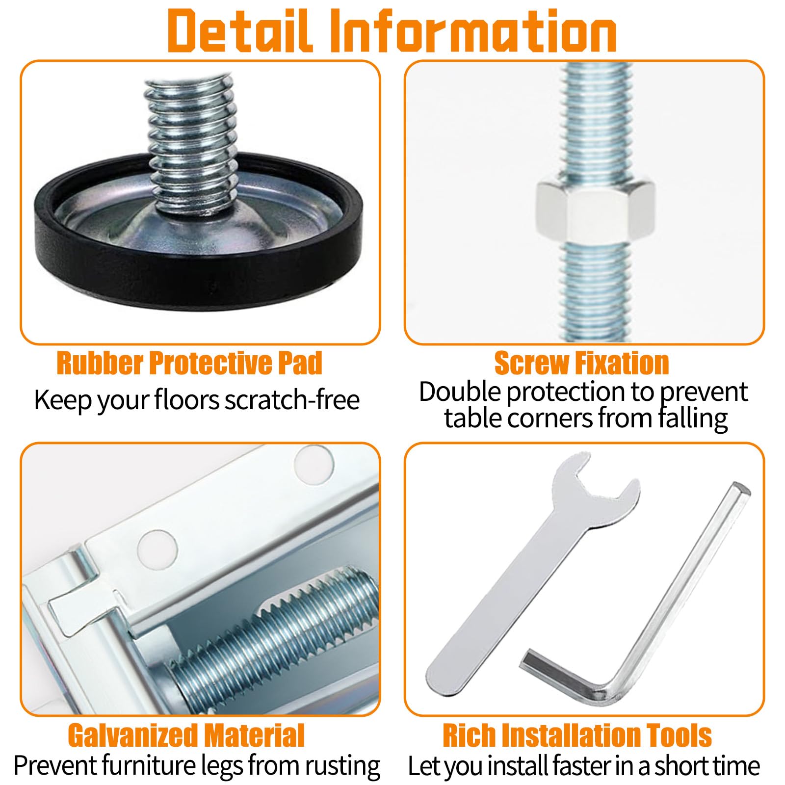 8 Pcs M10 Adjustable Furniture Legs with 32 Screws, 1 Wrench, 1 Hex Tool, Lifting Leveler with Lock Nuts - Image 4