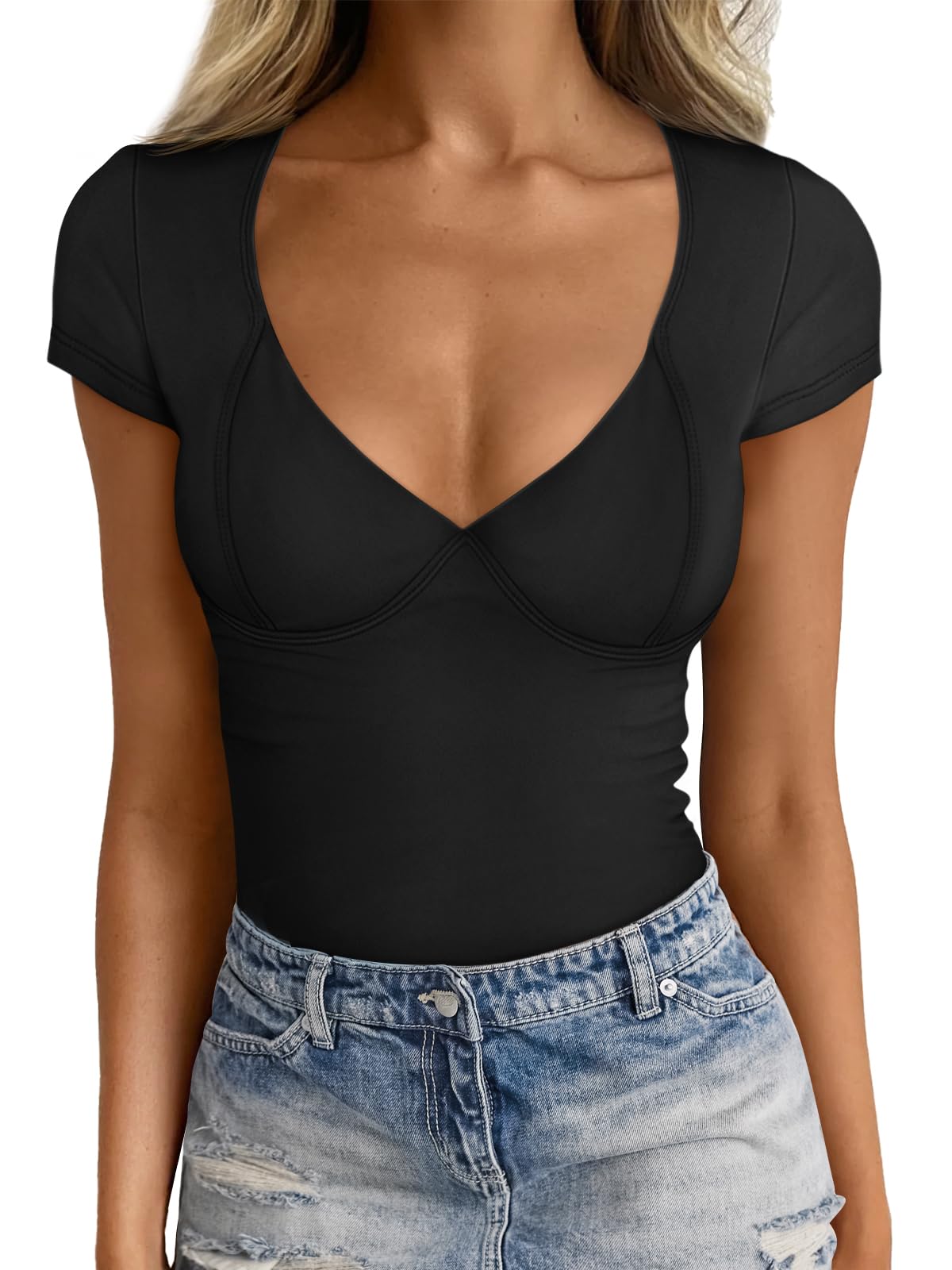 Trendy QueenWomens V Neck T-Shirts Going Out Tops Short Sleeve Slim Fit Basic Y2K Clothes 2024