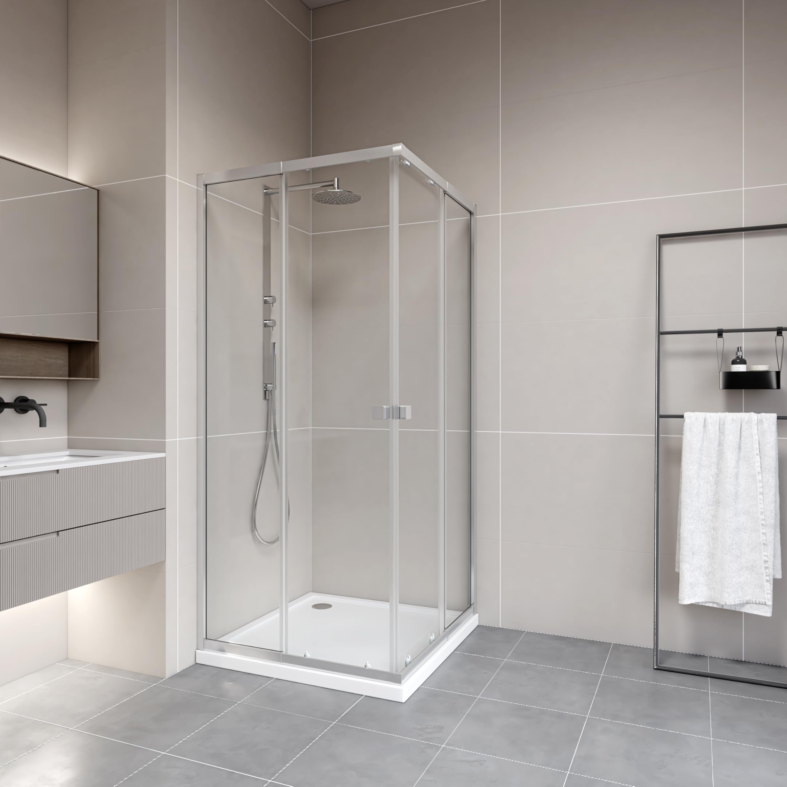 MARWELL Duschkabine Flexi 77-90x77-90-190 cm Eckdusche mit hochwertigen verstellbaren Alumuniumprofilen in silber matt Duschabtrennung mit aushängbaren Schiebetüren zur Reinigung