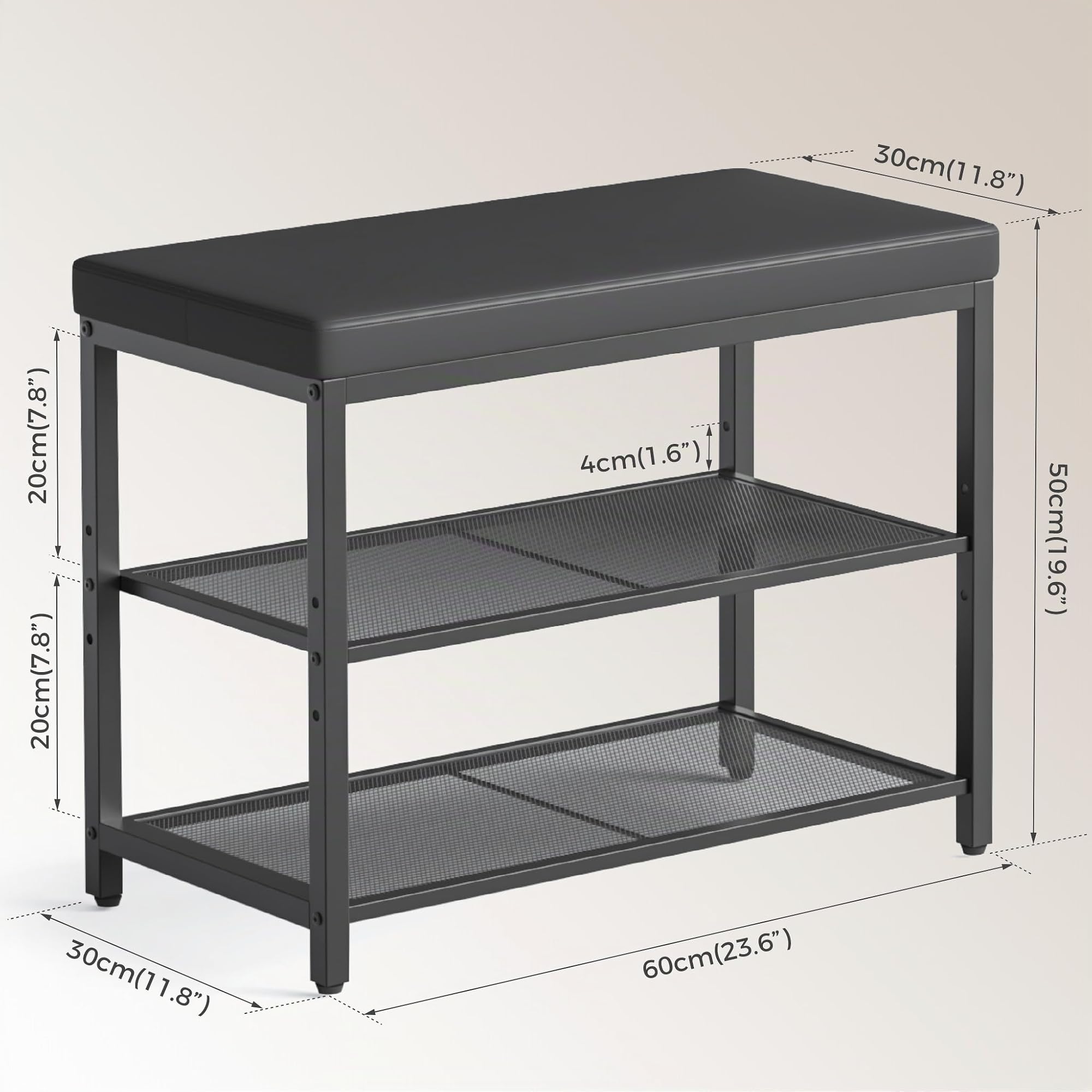 Mondeer Scarpiera a 3 ripiani con seduta a cuscino, organizer per scarpe con ripiano regolabile in altezza stile industriale, per ingresso, corridoio, soggiorno, camera da letto, 60 x 30 x 50 cm, nero