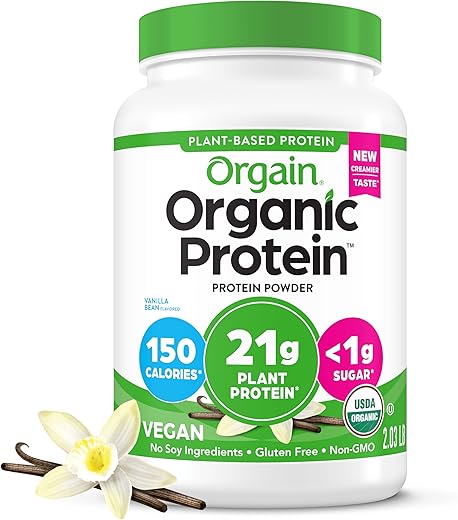 Orgain Organic Vegan Protein Powder, Vanilla Bean - 21g Plant Protein, 4g Prebiotic Fiber, No Lactose Ingredients, No Added Sugar, Non-GMO, For Shakes & Smoothies, 2.03 lb (Packaging May Vary)