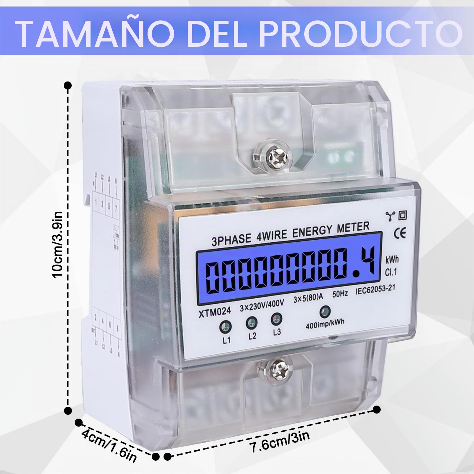 Medidor eléctrico digital - Medidor eléctrico trifásico de 4 cables, medidor de electricidad 3x230/400V 5(80) calibrado, medidor de energía para riel DIN, medidor eléctrico calibrado