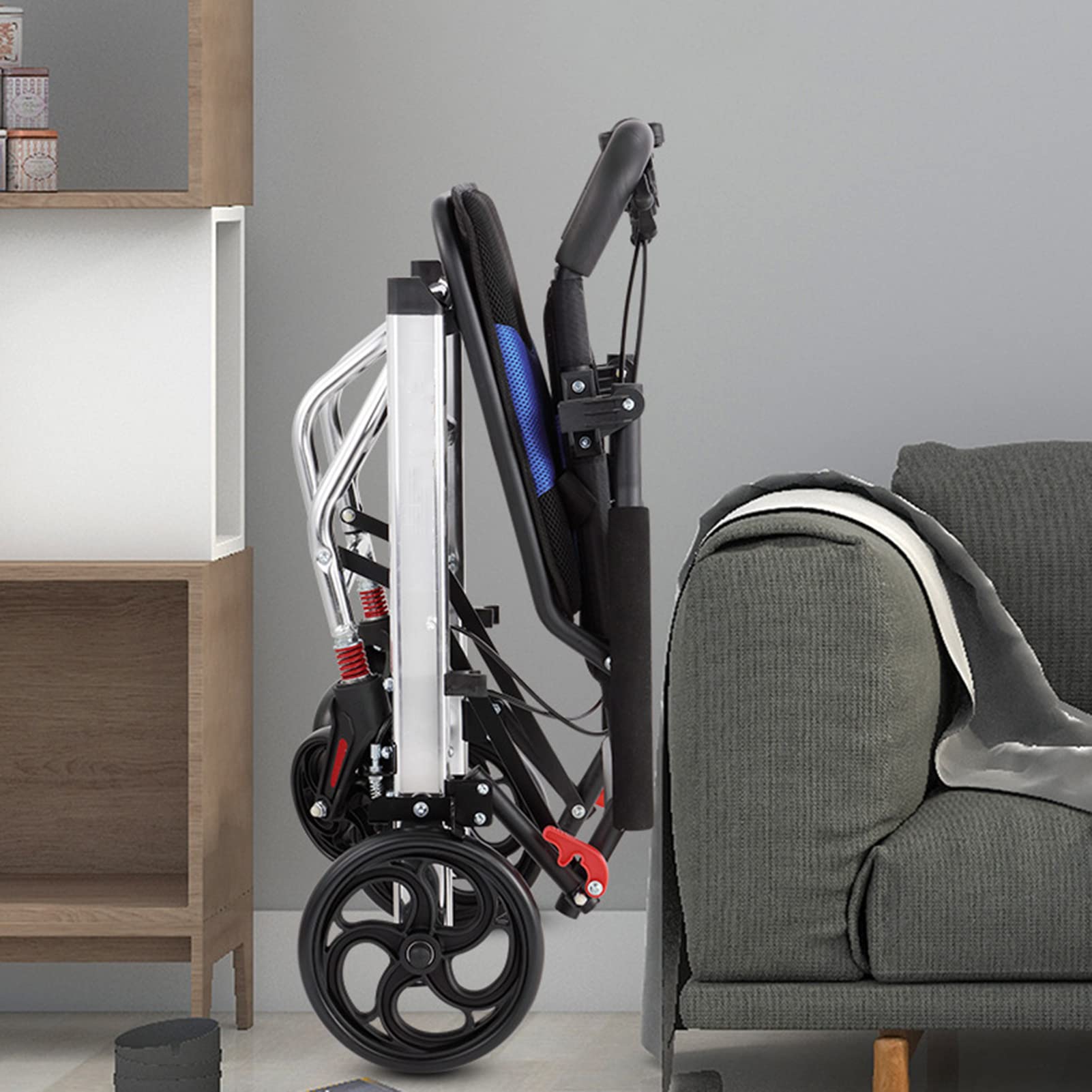 Składany Lekki Wózek Inwalidzki ， Aluminiowa Mała Skłarama Wózka ， Mały Wózek Transportowy Z Napędem Ręcznym Z Hamulcami Ręcznymi/Blue/8 Inch