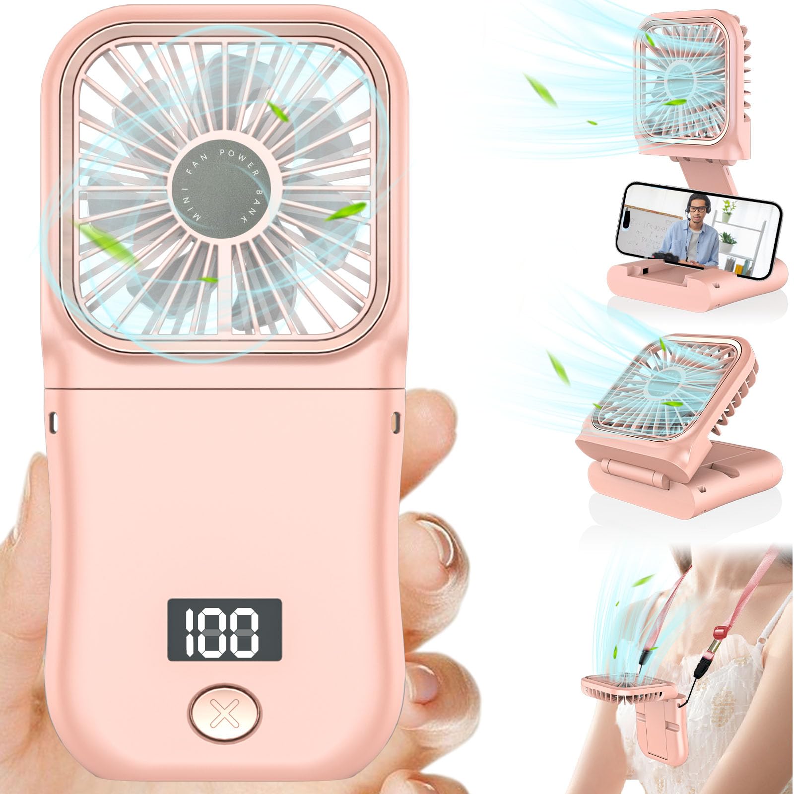 Kouric Ventilatore Portatile Pieghevole, Mini Ventilatore Portatile USB Ricaricabile, Ventilatori Portatili con 3 Velocità, Ventilatore Silenzioso e Potente con Porta Telefono Viaggio/Pendolarismo