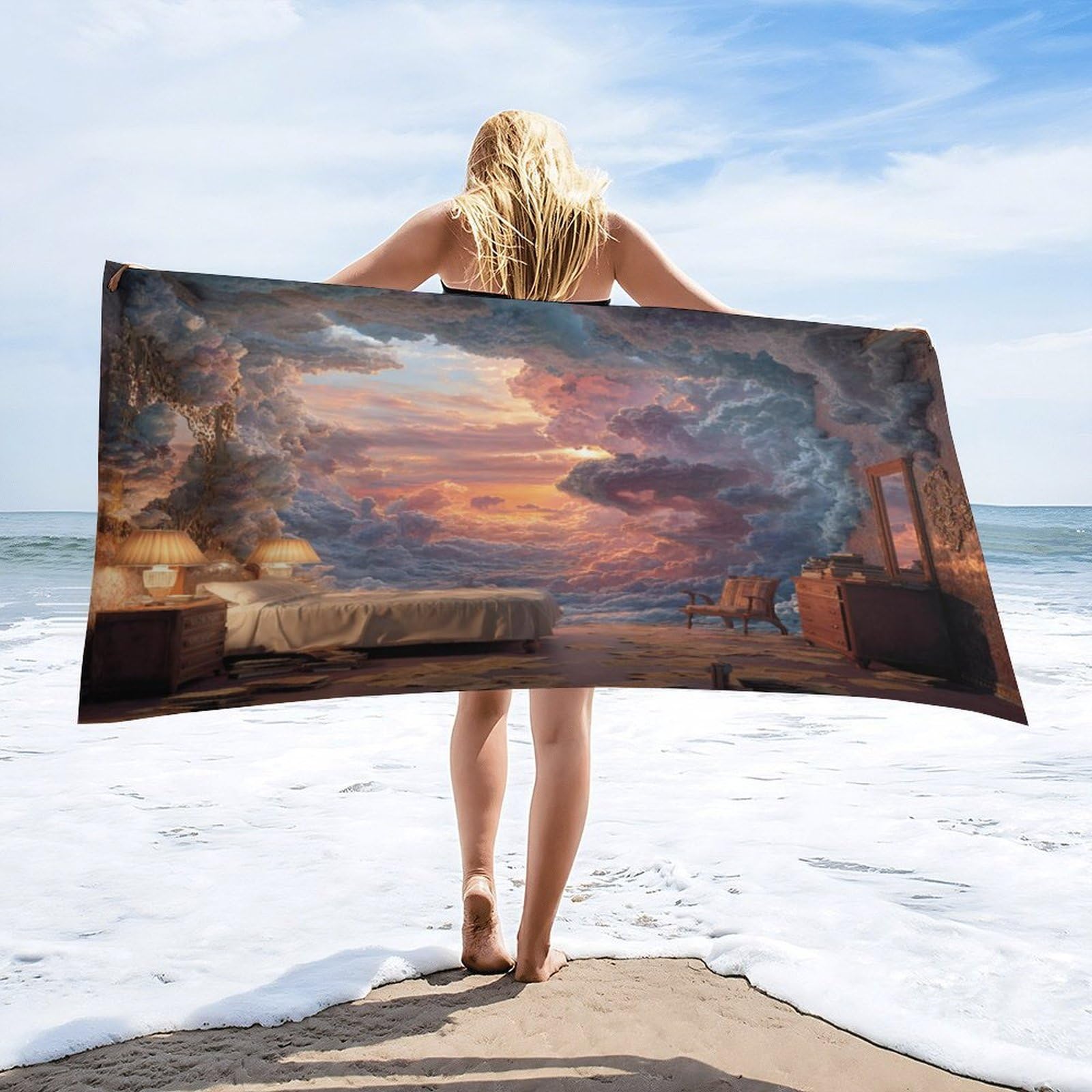 Luyysky Beautiful Classic Colorful Cloud Absorbent Beach Towel, Retro Oil Painting Natural Landscape Sunrise Pattern Outdoor Single-Sided Velvet Beach Towel-80 W Cm X 160" L Cm