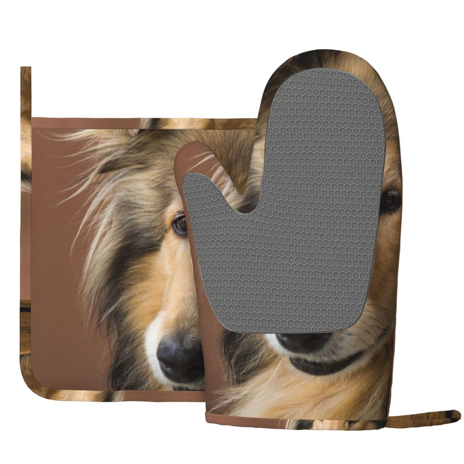 Langhaarcollie, Lassie-Hunde, große, Flauschige Hunde, Haustiere, Ofenhandschuhe und Topflappen-Set, hitzebeständige, rutschfeste Küchen-Ofenhandschuhe aus Silikon Garten