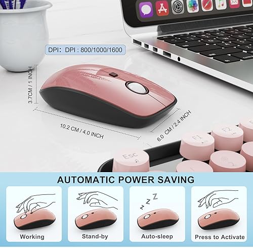 Miniatura 4 de FOPETT Combo de teclado y mouse inalámbricos, 104 teclas redondas de tamaño completo de 2.4 GHz, teclados coloridos, receptor USB Plug and Play,