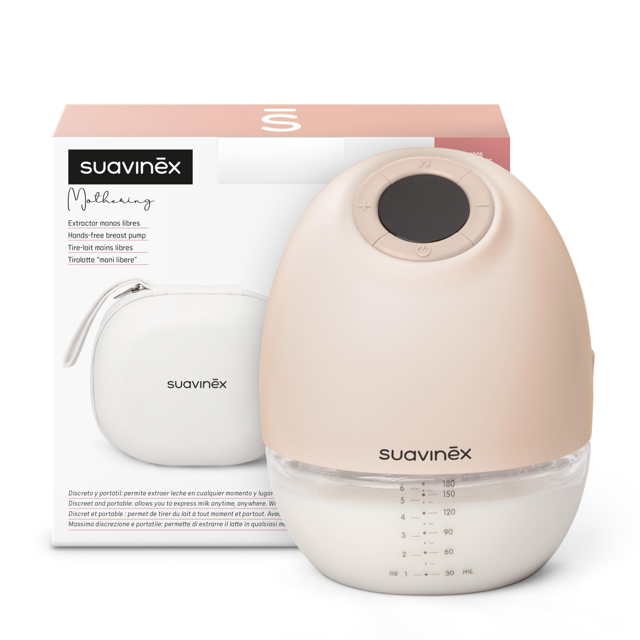 Suavinex, Tiralatte portatile, Tiralatte a mani libere, Senza cavi, con batteria, 3 modalità e 9 intensità di aspirazione, con adattatori, custodia e spazzolino, schermo LED, serbatoio da 180 ml