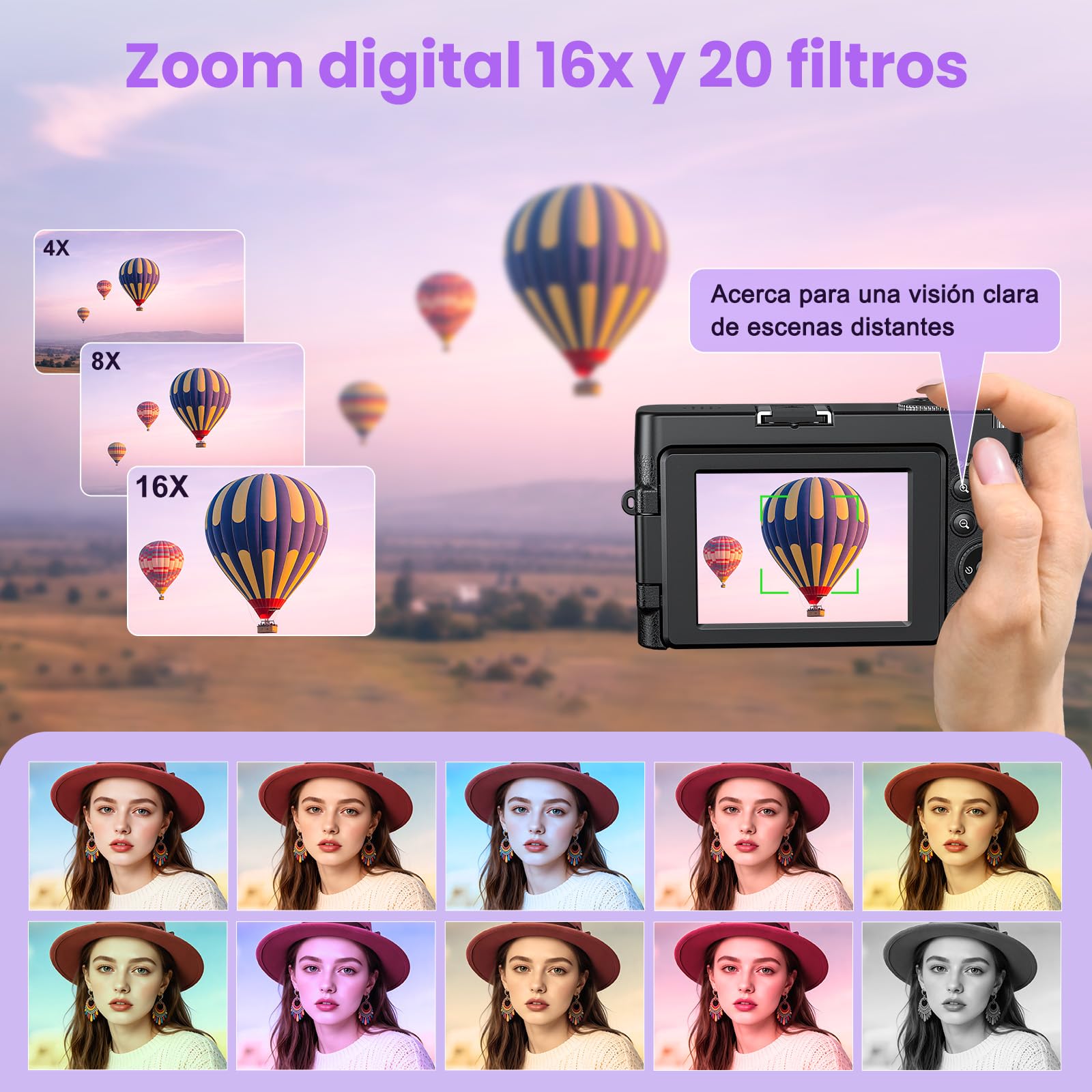Cámara digital 4K 64MP con WiFi, zoom digital de 16X, pantalla abatible de 180° y enfoque automático, cámara de vlogging para selfies, cámara WiFi compacta con tarjeta de 32 GB y 2 baterías, ideal