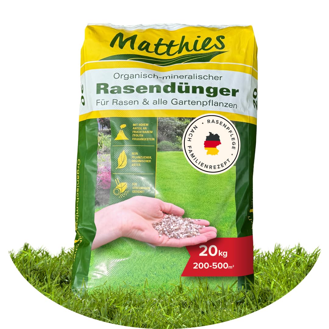 Matthies Rasen Volldünger 20kg für 200-500 m², Langzeit Gartendünger für Frühjahr, Sommer & Herbst, organischer & mineralischer Dünger mit Stickstoff, Phosphor & Kalium, Langzeitdünger