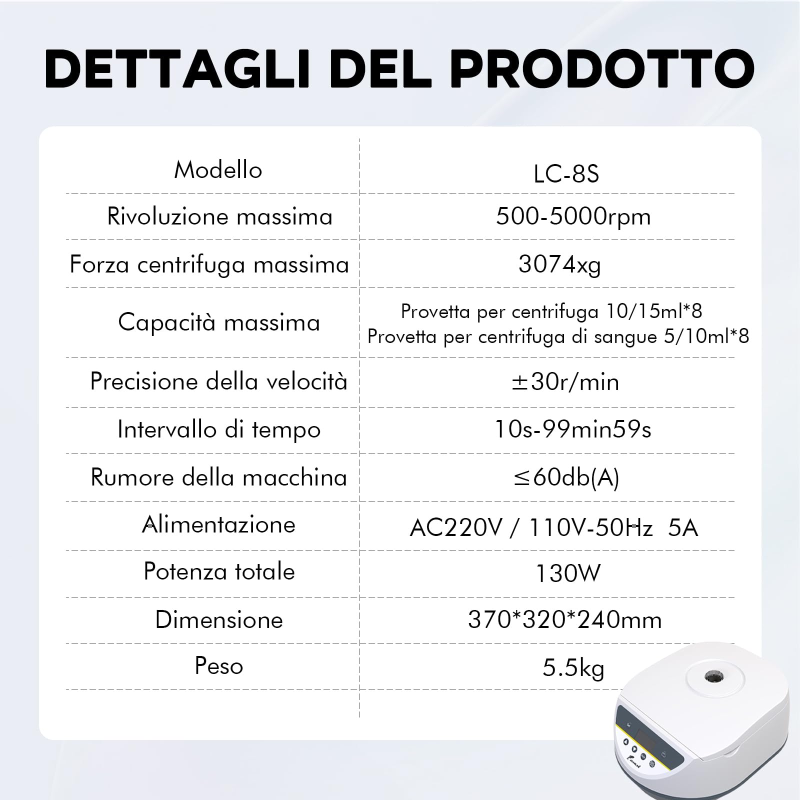 LABFISH PRP Centrifughe da Laboratorio Capacità 8x2/5/10/15ml Tubi per centrifuga, controllo a bassa velocità 500-5000r/min, Max 3074xg RCF, gamma di timer per medico/sangue/siero/plasma