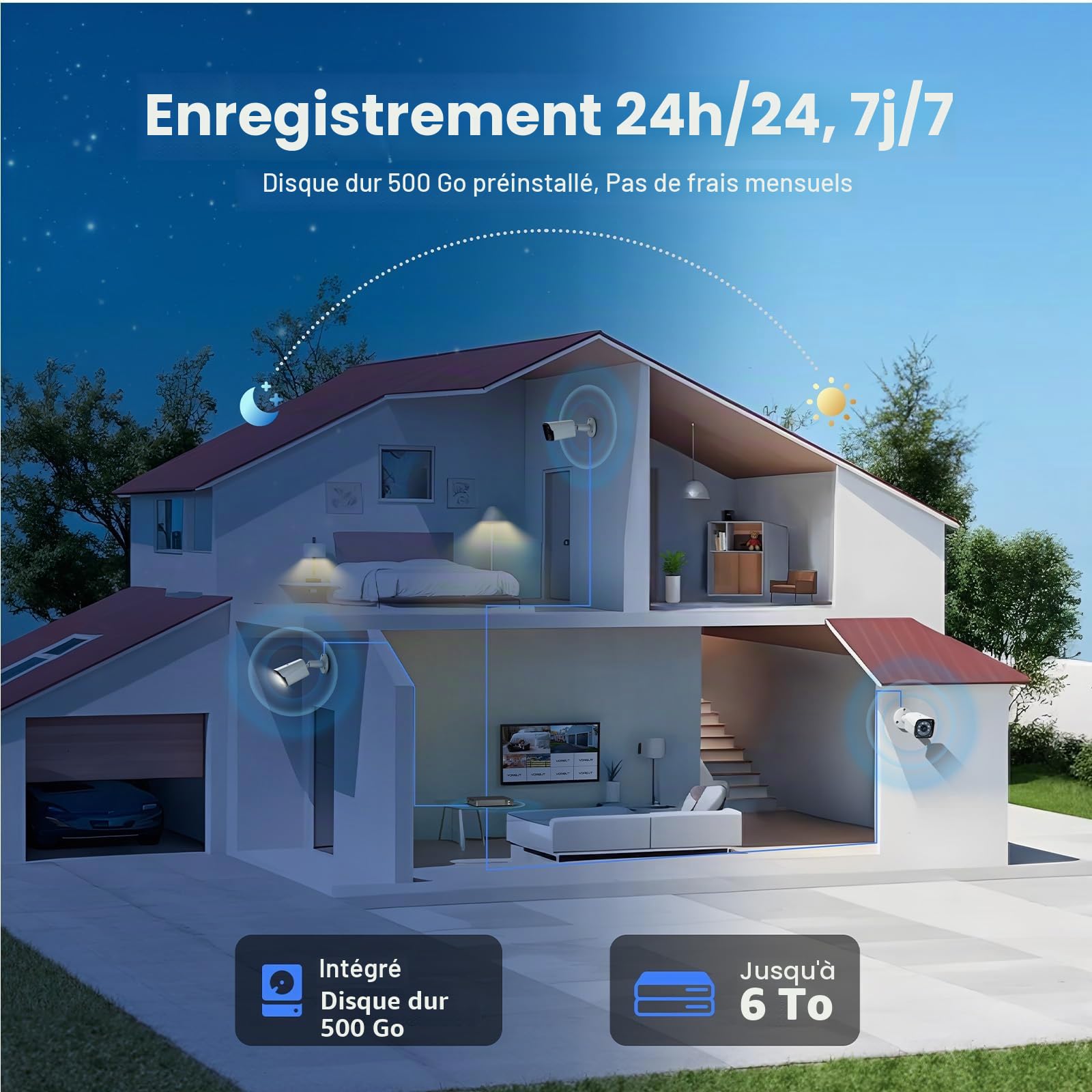 Système de caméra de sécurité filaire extérieur, 4 canaux 5 MP Lite AHD DVR avec disque dur 500 G, 4 caméras de vidéosurveillance filaires 5 MP, kit DVR de surveillance intérieur/extérieur avec