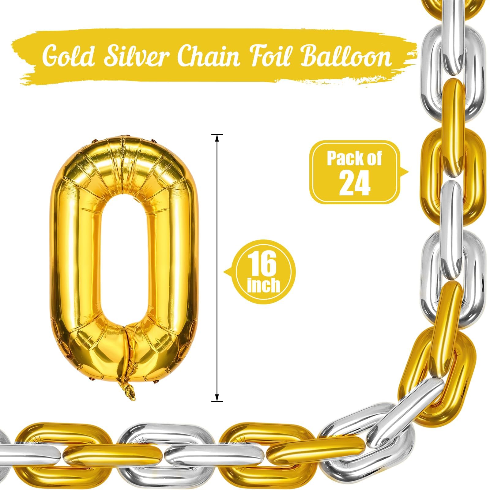Gold Silver Chain Balloons, 24PCS Giant Chain Foil Balloons Garland for 80s 90s Hip Hop Party Decorations - Image 2