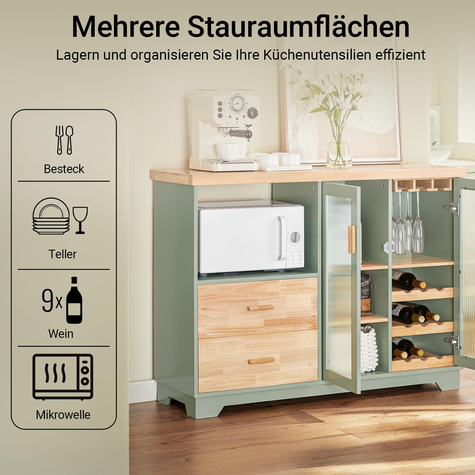 SoBuy Küchenschrank Buffet Kommode mit Glastüren & Schubladen Sideboard mit 120 cm Arbeitsplatte, Mikrowellenfach & Weinregal Küchenmöbel für Wohnzimmer & Esszimmer Grün 120x90x40cm FSB81-GR