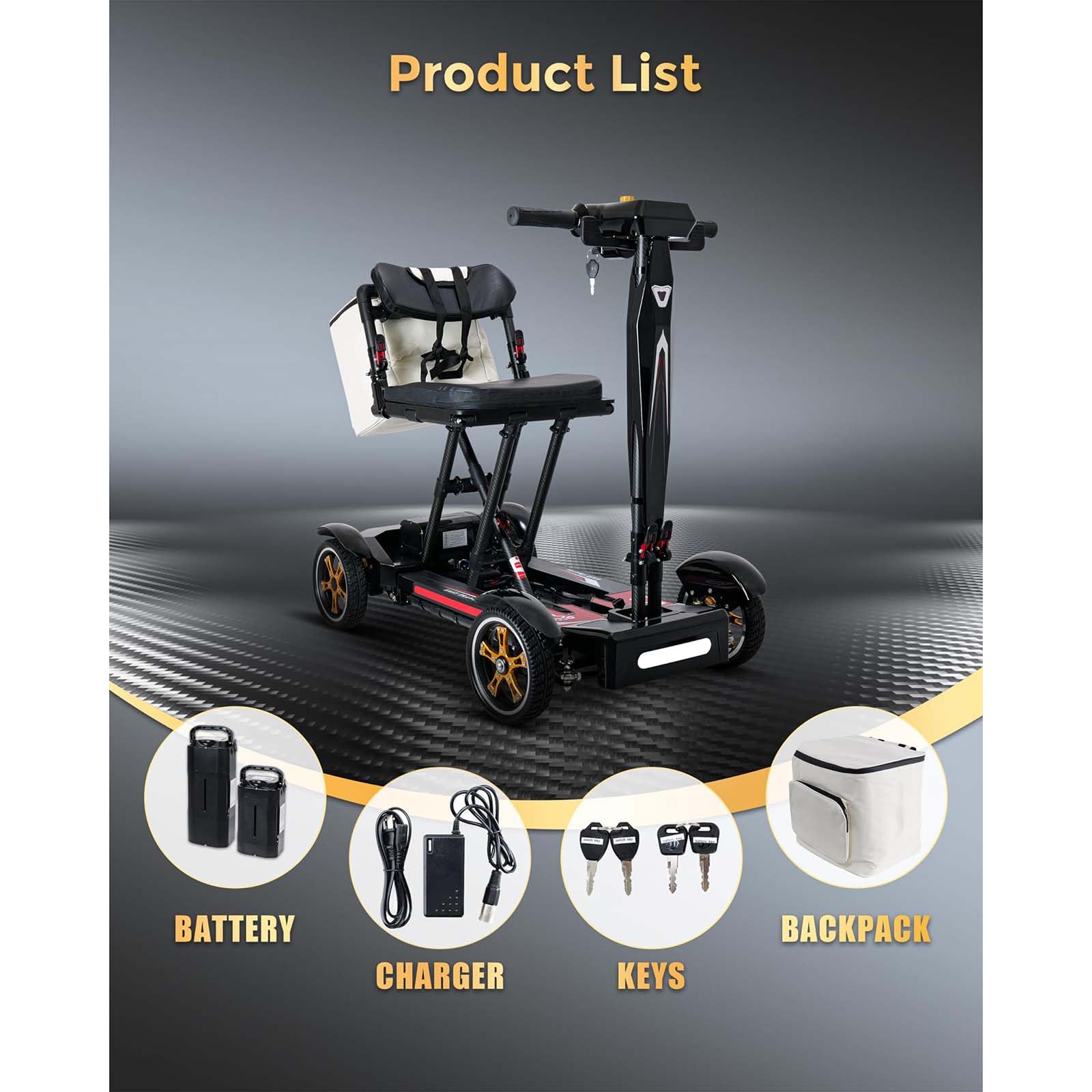 Scooter De Movilidad Plegable,Scooter De 4 Ruedas, Scooter De Viaje Portátil, para inválidos y Mayores - Batería de Larga duración, con Asiento Y Cesta,Negro