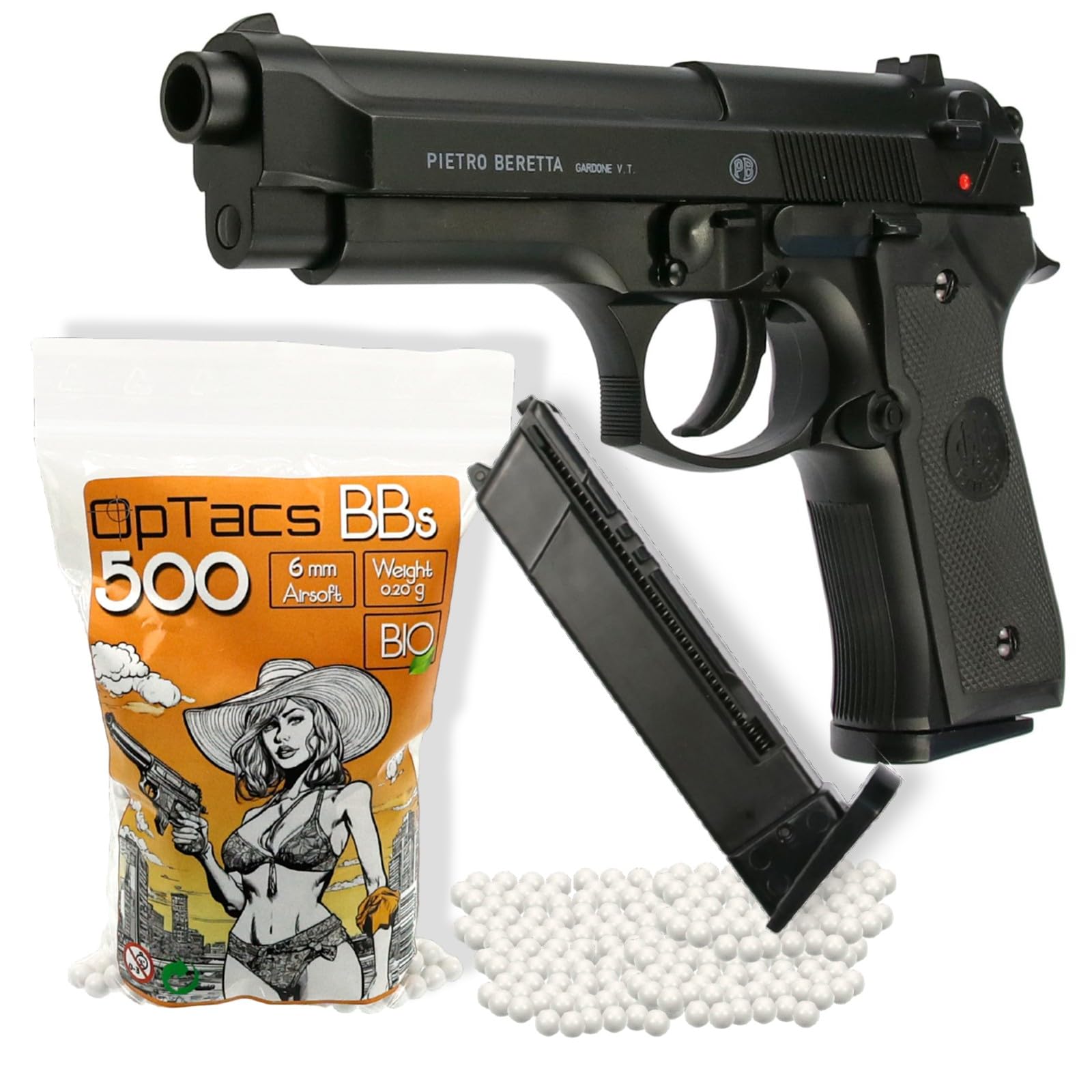 Set Beretta M92 FS HME Softair-Pistole 0,5 Joule Airsoft inkl. 500 Bio BB's & Magazin - Air Soft Waffe mit Metallschlitten
