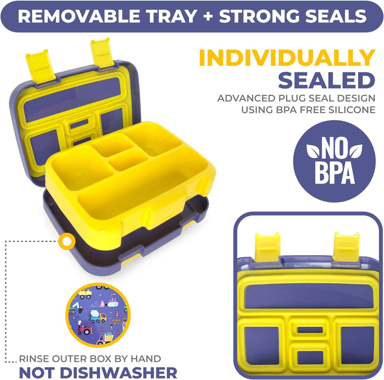 kinsho Bento Lunch Box for Kids Toddlers Boys, 5 Portion Sections Secure Lid, Microwave Safe BPA Free Removable Tray, Pre-School Kid Daycare Lunches Snack Container Ages 3 to 5, Blue Yellow Trucks - Image 5