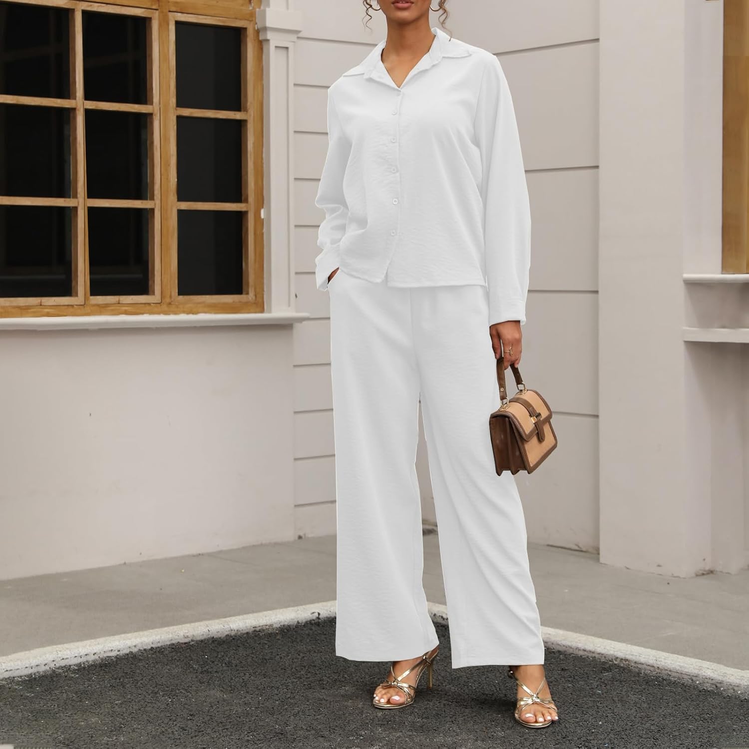 kaimimei Women's Linen 2 Piece Outfits Loungewear Set Button Down Shirt Wide Leg Pants with Pockets Comfortable Casual - Image 2