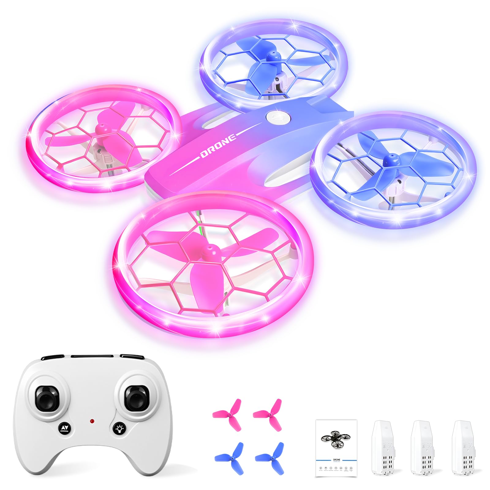 Charmofun Mini Drone Giocattolo per Bambini, Drone Telecomandato con 4 Effetti Luci Led, Droni per Principianti con Capriole a 360°, 3 Batterie, Regali per Bambini e Bambine 6 7 8 9 10+ Anni