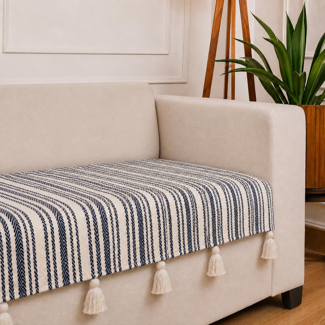 STITCHNEST 'Nomad Weave Collection' 1 Seater Sofa Cover|Elegant Jacquard Fabric, Decorative Tassels, Washable & Durable for Modern Living